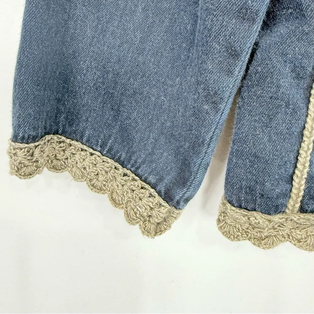 Parsley & Sage Blue Tan Cotton Denim Embroidered Lightweight Boho Jacket